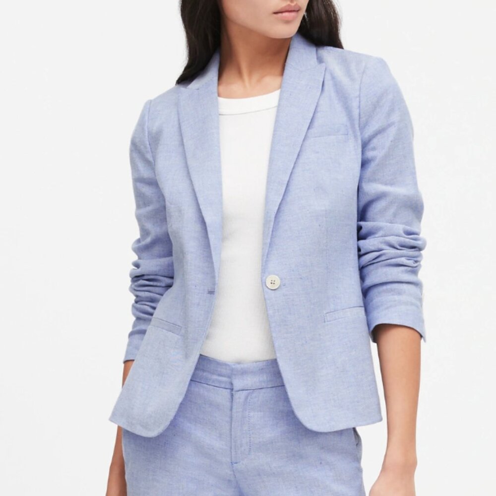 Banana Republic Sky Blue Petite Classic-Fit Tailore Buttoned Linen-Cotton Blazer